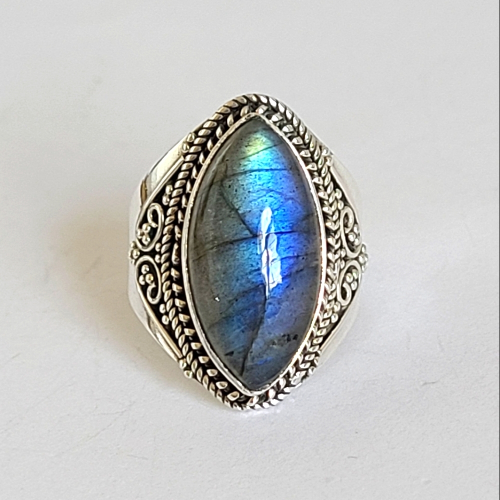 Vintage Boho Chunky Blue Labradorite Gemstone Bold Statement Ring